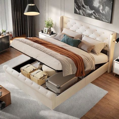 Bettkasten 160x200 CM - TANANT - Beige - Samtstoff - Leselampe - Integrierter Stauraum