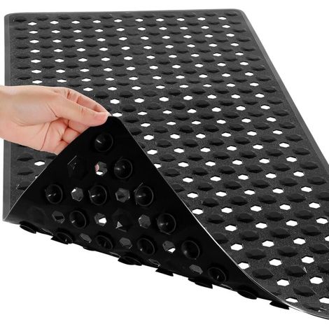 Tapis de bain antidérapant, 88 x 40 cm, lavable en machine, avec trous d'évacuation et ventouses, doux au toucher, un indispensable de la salle de bain, noir. (1/4)