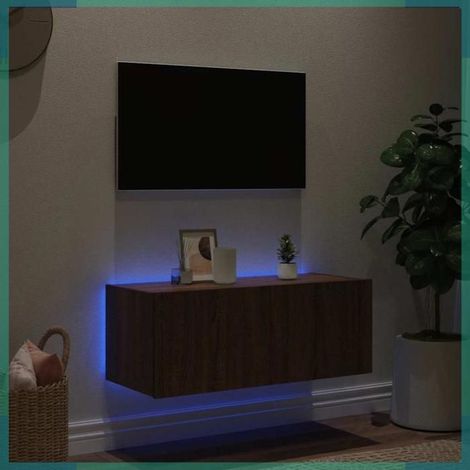 Meuble TV mural - 837293 - chêne marron - 80 x 35 x 31 cm - lumières LED (1/5)