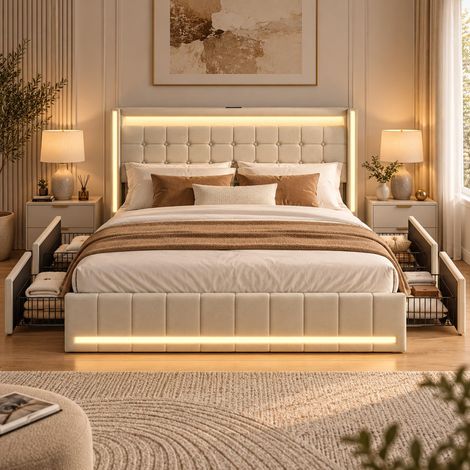 Lit 140x200 avec Sommier, Éclairage LED et Fonction de Charge USB, Lit Double Capitonné avec 4 Tiroirs Espace de Rangement, Cadre de Lit 2 Personnes pour Adults et Ado, sans Matelas (1/5)
