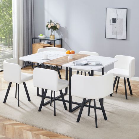 Ensemble repas 1 table 6 chaises 150x100x79 cm MDF métal blanc noir gain de place – MEUBLIV (1/5)