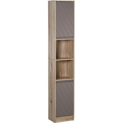 Slim Freestanding Bathroom Cabinet with Adjustable Shelves, Narrow Storage Unit for Small Spaces, Open Compartment Design, Modern Grey and Oak 30x24x170 cm