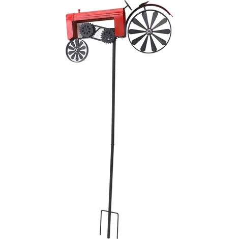 Moulin à vent tracteur vintage en métal, à planter dans un piquet, pour décorer un parterre de fleurs, une pelouse ou un jardin (rouge). (1/5)