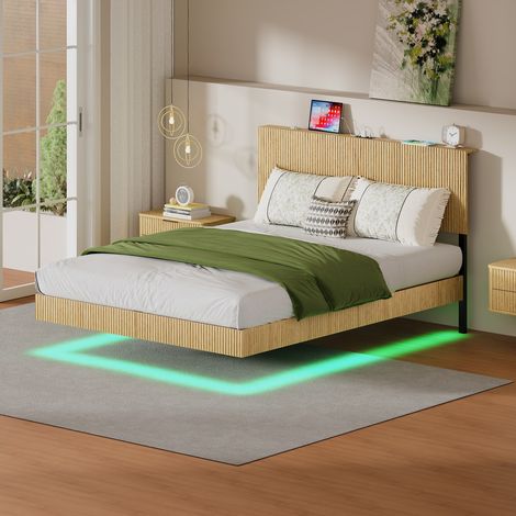 Bettgestell 140x200 cm Natur in Holzoptik und Metall mit Schwebedesign, LED-Beleuchtung, Steckdose und Stauraum (1/5)