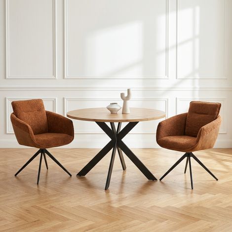 Ensemble de table à manger ronde, plateau rond en MDF finition chêne de 115 cm pour salle à manger et cuisine (2 chaises, Tissu pour peluches, marron) (1/5)