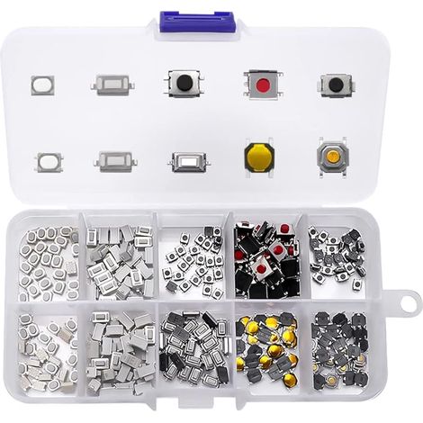 250 Pièces 10Value Boutons poussoirs tactiles Micro Momentary Tact Assortiment Kit, d'assortiment de Bouton Tactile, pour Clé de Télécommande de Voiture, avec Boîte en Plastique