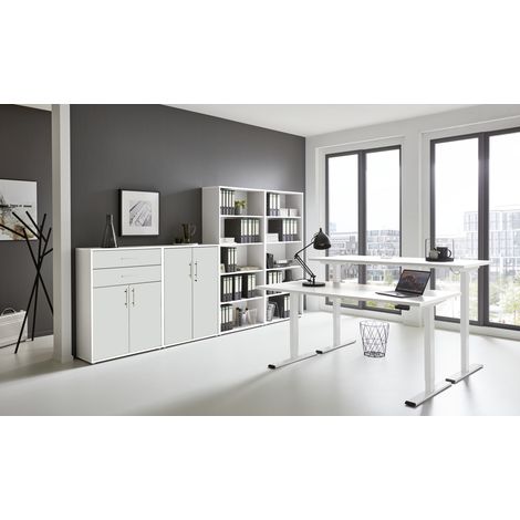 BMG Möbel Büromöbel-Set, e-Office Edition Set 21, Schreibtisch höhenverstellbar, 138 cm, Weiß/ Weiß Matt