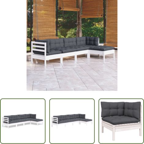 Holzgartenmöbel - 5-tlg. Garten-Lounge-Set mit Kissen Weiß Kiefernholz (1/5)