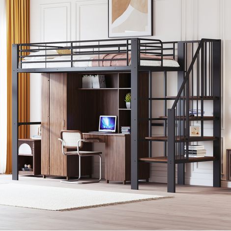Cama alta moderna 90x200 cm de metal y madera negra con escalera integrada y amplio espacio de almacenaje inferior (1/5)