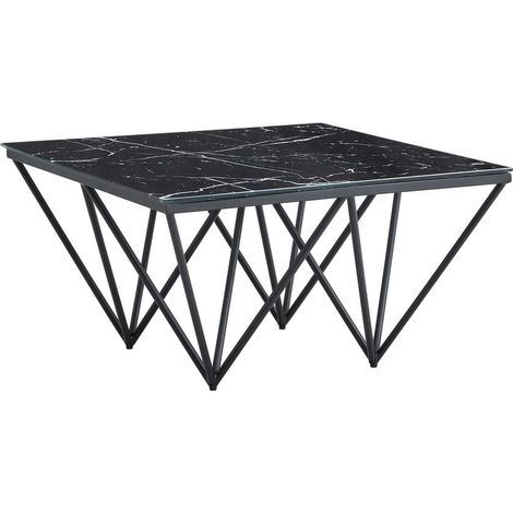Table Basse carré GIZE pied métal noir et plateau en verre 80x80 cm - Marbré noir (1/4)