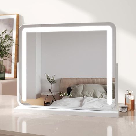 EMKE Hollywood Vanity Mirror with Lights, Large Round Corner Tabletop Makeup Mirror with Dimmable, Smart Touch Screen, Hollywood Mirror with 360° Rotation and Memory Function, 50 x 42cm, White (1/5)