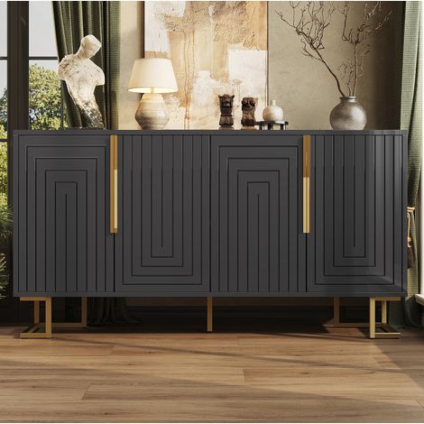 Aparador (152x40x75 cm), diseño geométrico, 2 puertas, 4 compartimentos, patas metálicas, MDF, negro (1/5)