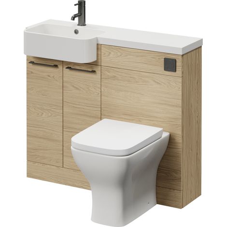 Napoli 250 Light Oak 1000mm 2 Door Vanity Unit Toilet Suite with Left Hand Round Rico Semi Recessed Basin - 1000mm - Gunmetal Grey 160mm HandleWith Kingston Toilet Pan and Seat