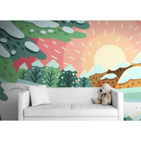 Papier peint Enfant – Paysage hivernal soleil et traces pas - 150 x 250 cm (1/2)