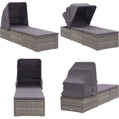 Sonnenliege mit Sonnenschutz und Auflagen Poly Rattan Grau - Sonnenliege - Gartenliege - Relaxliege - Poolliege - Outdoor Möbel - Home & Living (1/5)