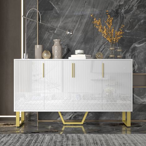 Buffet de salon 140 x 40 x 80 cm, meuble de rangement 4 portes effet géométrique en MDF, pieds métal dorés, blanc brillant (1/5)