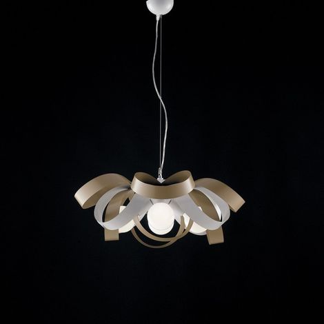 Araña de suspensión en hierro gris tórtola blanca cuatro luces 66x h28 cm
