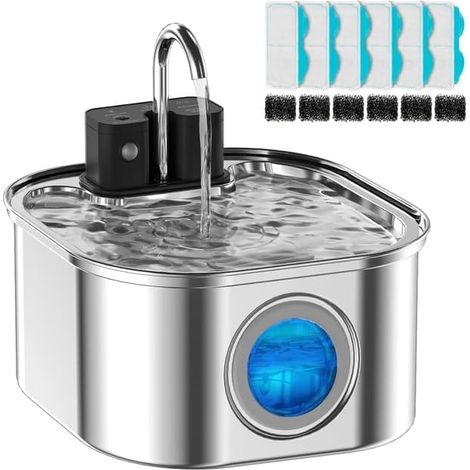 Fontaine pour Chat sans Fil : Fntaine a Eau Chat INOX 3.2L avec Détecteur de Mouvement, Distributeur Automatique d'eau pour Chien, Pompe Silencieuse et 6 Filtres 6 éponges (1/5)