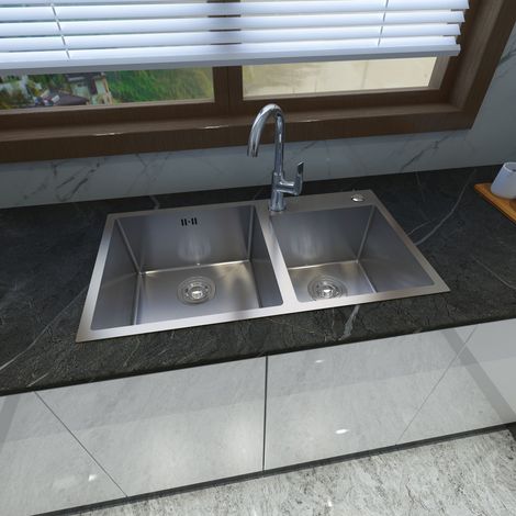 Biubiubath Evier de cuisine Argent 78x43x20cm 2 Bac en Inox avec montage en surface et montage encastré (1/5)