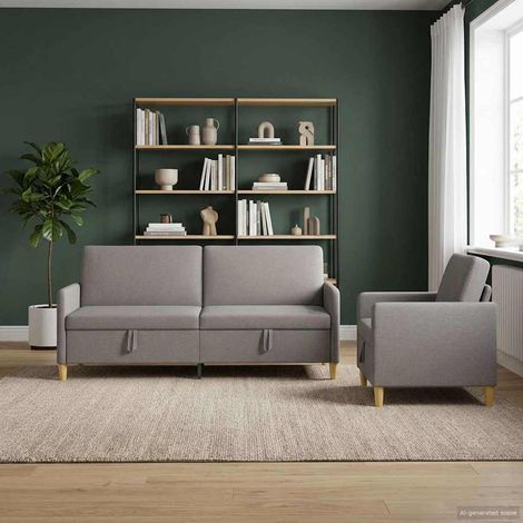 Canapé 4 places 2 pièces avec rangement, polyester taupe, assise relevable - PANGIVO (1/5)