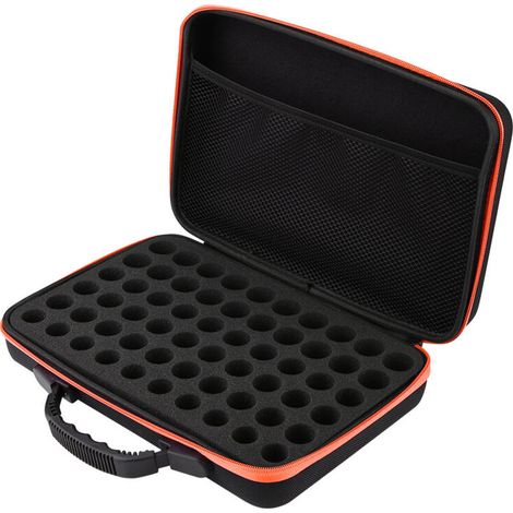 Estuche rígido para aceites esenciales – 60 compartimentos, compatible con frascos de 5 ml y 15 ml, color naranja.