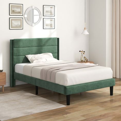 MINKUROW Letto Imbottito 90 X 200 Cm, Giroletto Con Rete A Doghe E Testiera, Letto Matrimoniale Imbottito, Rivestimento In Tessuto Velluto Verde Scuro, Design Moderno Senza Tempo, Letto Adolescente (1/5)