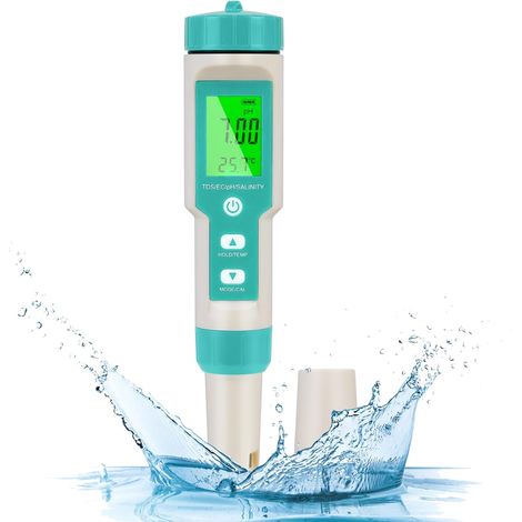 Testeur PH Mètre Électronique, PH Mètre avec écran LCD rétro-éclairé, Testeur de qualité de l'eau pour Tester Le pH/TDS/EC/Température/Salinité, pour l'eau Potable/Aquariums/Piscine (1/5)