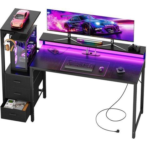 EcoFurnix Bureau gaming with LED 152 cm – Computer desk with monitor stand, storage shelf, and fabric drawer – Black
