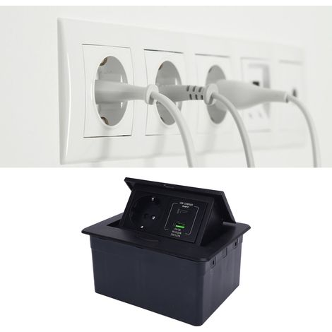 Prise de bureau encastrée noire aux normes européennes à deux ports + port USB avec charge rapide PD 20W et boîtier multiprise escamotable USB-C 250V. (1/5)