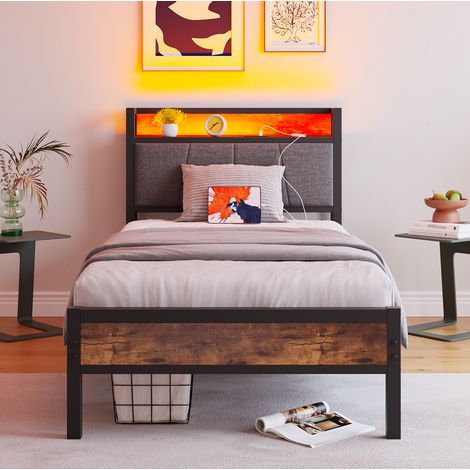 DESVIAE Lit adulte 90 x 200 cm avec led tête de lit de rangement usb prise marron noir métal mdf (1/4)