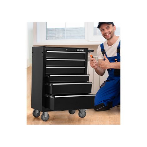 Carro de herramientas con 6 cajones y ruedas, fabricado en metal, con cajones con cerradura, color negro (1/5)