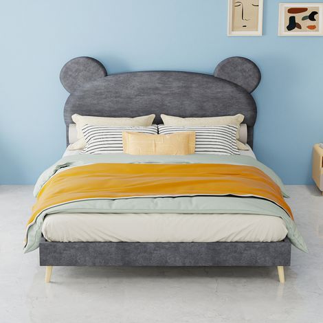 Lit enfant rembourré en tissu gris 140x200 cm avec coffre de rangement à vérins et tête de lit motif cartoon