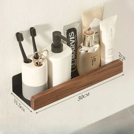 Étagère de salle de bain (11,5 x 30 cm), étagère de rangement sans perçage, étagères de salle de bain en bois massif, étagère murale en bois sans perçage pour douche, organisateur de toilettes (1/5)