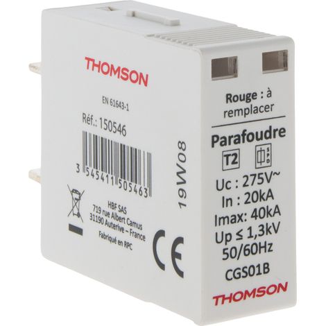 Thomson – Cartouche de rechange pour parafoudre modulaire 40kA – Tension 275V/50Hz – Indicateur de déconnexion – Conforme EN 61643-1 (1/6)