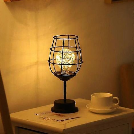 Lampe de table en fil de métal noir, veilleuse moderne style cage en fer, lampe de chevet rétro à piles (1/5)