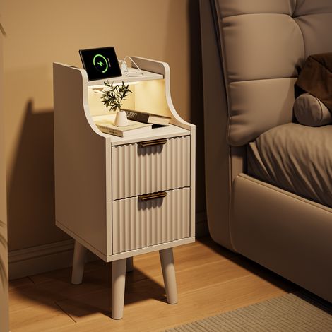 Lot de 2 Table de chevet moderne 30 x 25 x 60 cm avec bande LED multicolore et station de charge, Tables d’Appoint , Compartiment Ouvert, 2 tiroirs, Blanc, MDF (1/5)