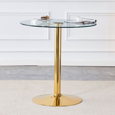 Table de bar ronde Ø89 cm, plateau en verre trempé transparent, pied métal doré, table haute moderne pour cuisine, salon ou café (1/5)