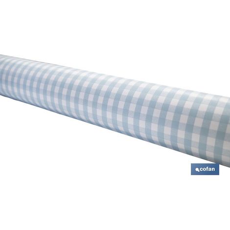 Rouleau de nappe imperméable antitache à carreaux vichy 140 cm x 20 m en vinyle et polyester bleu et blanc (1/4)