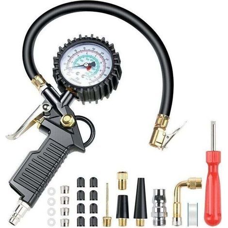 Numérique Manomètre Pression Pneu Jauges de Pression des Pneus Multifonctionnelle Pistolet de Gonflage Manometre avec 24 Accessoires Buses Divers et Outils pour Voitures Motos Vélos (1/4)