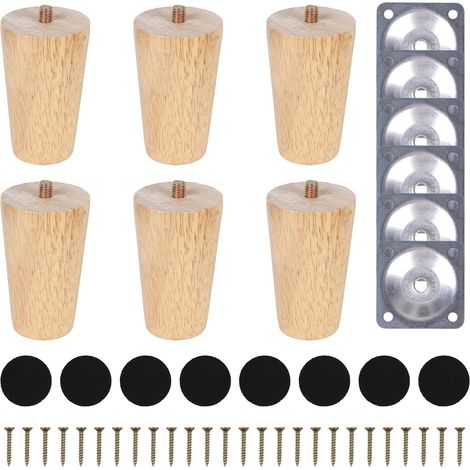 6 Pièces Pied de Meuble Bois Massif 8cm Pieds de Lit avec Plaque de Montage Vis Patins en Feutre Ronde Pieds pour Canapé Armoire Lit Meuble TV Commode Fauteuil (1/5)