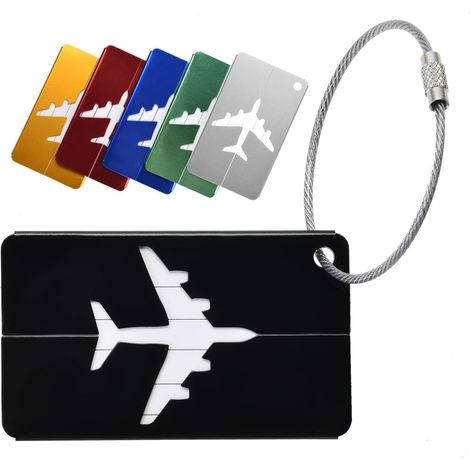 Étiquette Bagage 6 Pièce Étiquette Valise Avion Etiquette Bagage en Alliage d'Aluminium avec Cordes en Acier Inoxydable et Carte PVC étanche Bagages Étiquettes (6 Couleurs) (1/5)