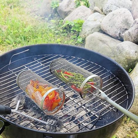 Lot de 2 paniers à griller roulants en acier inoxydable, cage à griller en maille pour légumes, viande, poisson, camping, grillades en extérieur, 30 cm (1/5)