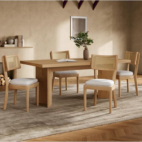 4 Esszimmerstühle aus Massivholz mit Rattan-Rückenlehnen, bequem und atmungsaktiv, geeignet für Esszimmer, Wohnzimmer, Cafés, moderner Stil, Leinen, Holzfarbe (1/5)