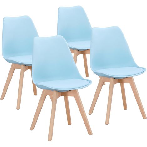 Dewinner – Lot de 4 chaises de salle à manger scandinaves – Assise rembourrée en hêtre massif – Dossier ergonomique – Bleu pastel – Hauteur d'assise 46 cm