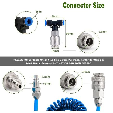 Pistola ad aria compressa per camion, pistola pneumatica con tubo a spirale da 5 metri, kit di pulizia per pistola ad aria compressa per camion con connettore a T (2,6 mm), blu (1/4)