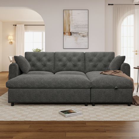 Canapé angle réversible convertible 3 places 219x131x86 cm avec méridienne -coffre pouf-coffre poches magazines Velours Gris (1/5)