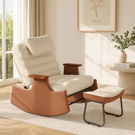 Poltrona a dondolo con poggiapiedi, poltrona lounge regolabile in altezza con poggiatesta e imbottitura spessa, morbido velluto a coste, beige (1/5)