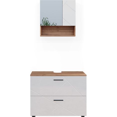 Set di mobili da bagno Irma, Bianco lucido/oro power oak, 2 parti, Vicco