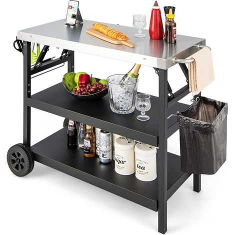 Goplus – Desserte de jardin 106x52x84cm – Comptoir en métal inoxydable – Étagère réglable 4 positions – 2 roues pour mobilité