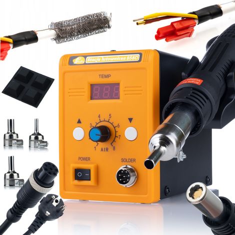 Rosfix Set Heißluft-Lötstation 858D – 700 W, 100–500 °C, LED-Anzeige, 3 Düsen  ESD-Sicher, Auto-Cooldown  Für Elektronik, Kunststoffschweißen  Löttechnik
